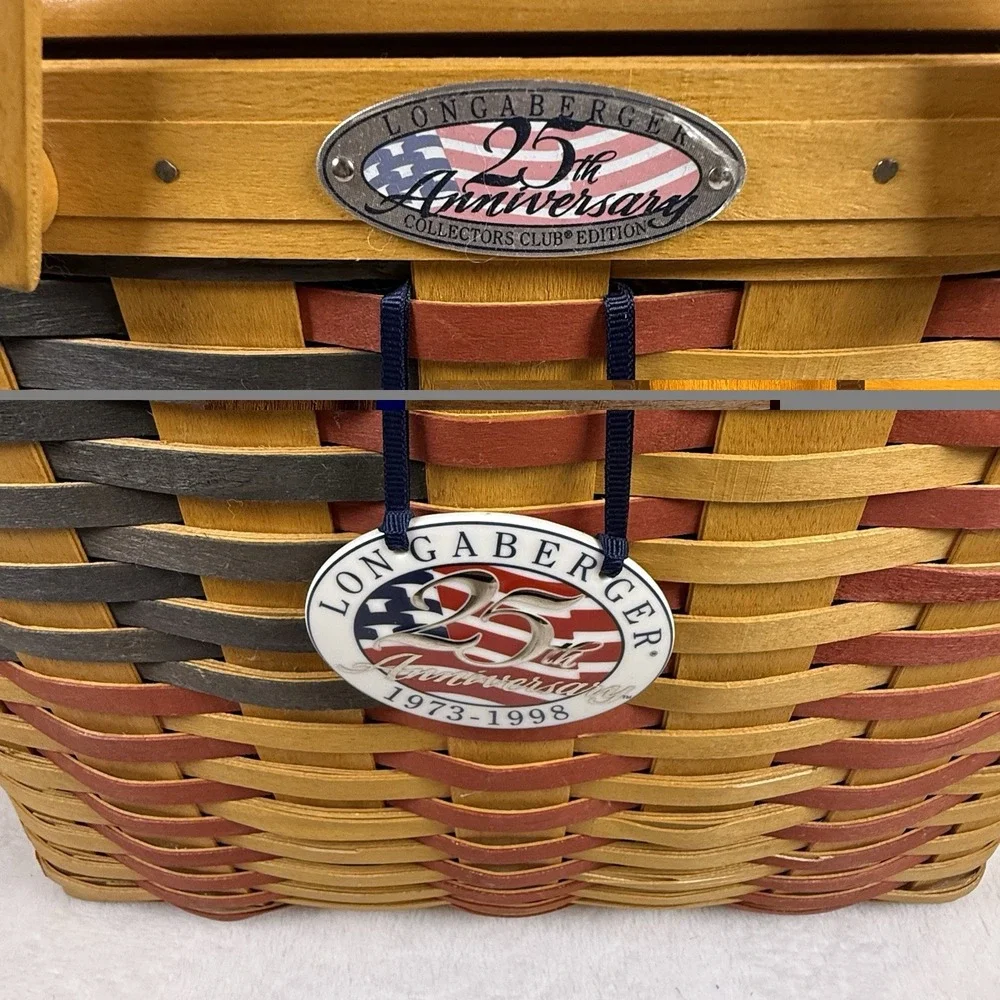 Longaberger 1998 25th Anniversary Flag Basket Lid Liner Tie-On Protector Set